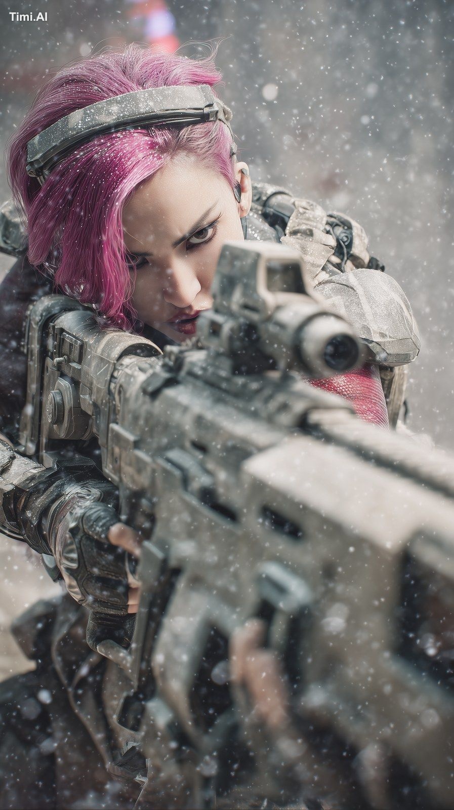 cinematic film still, a cyberpunk marine with cropped magenta hair aims…