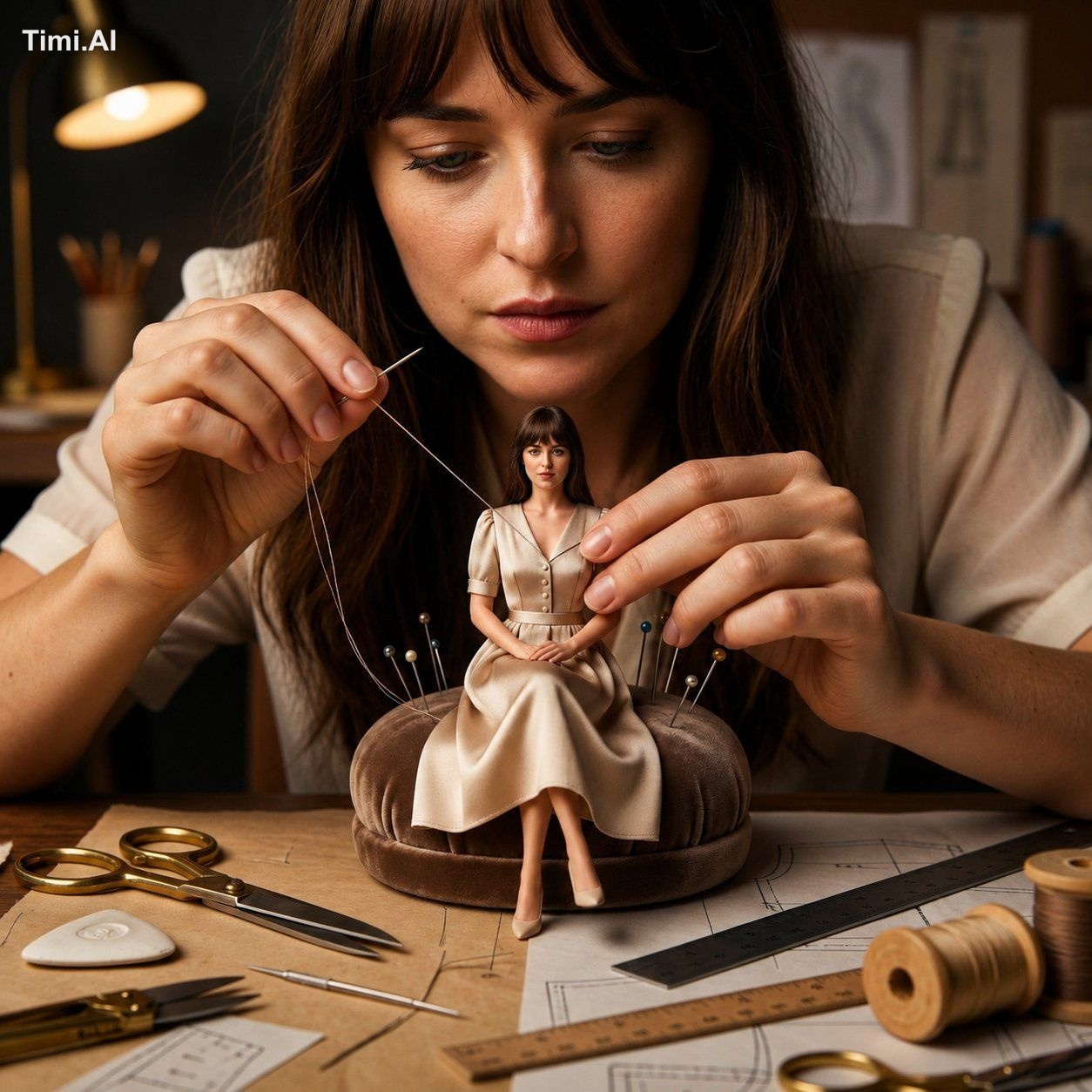 A cinematic macro fashion atelier where a skilled young seamstress is d…