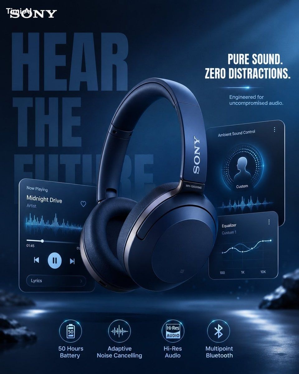 1. Sony Headphones, Midnight Blue Theme: Ultra-realistic premium commer…