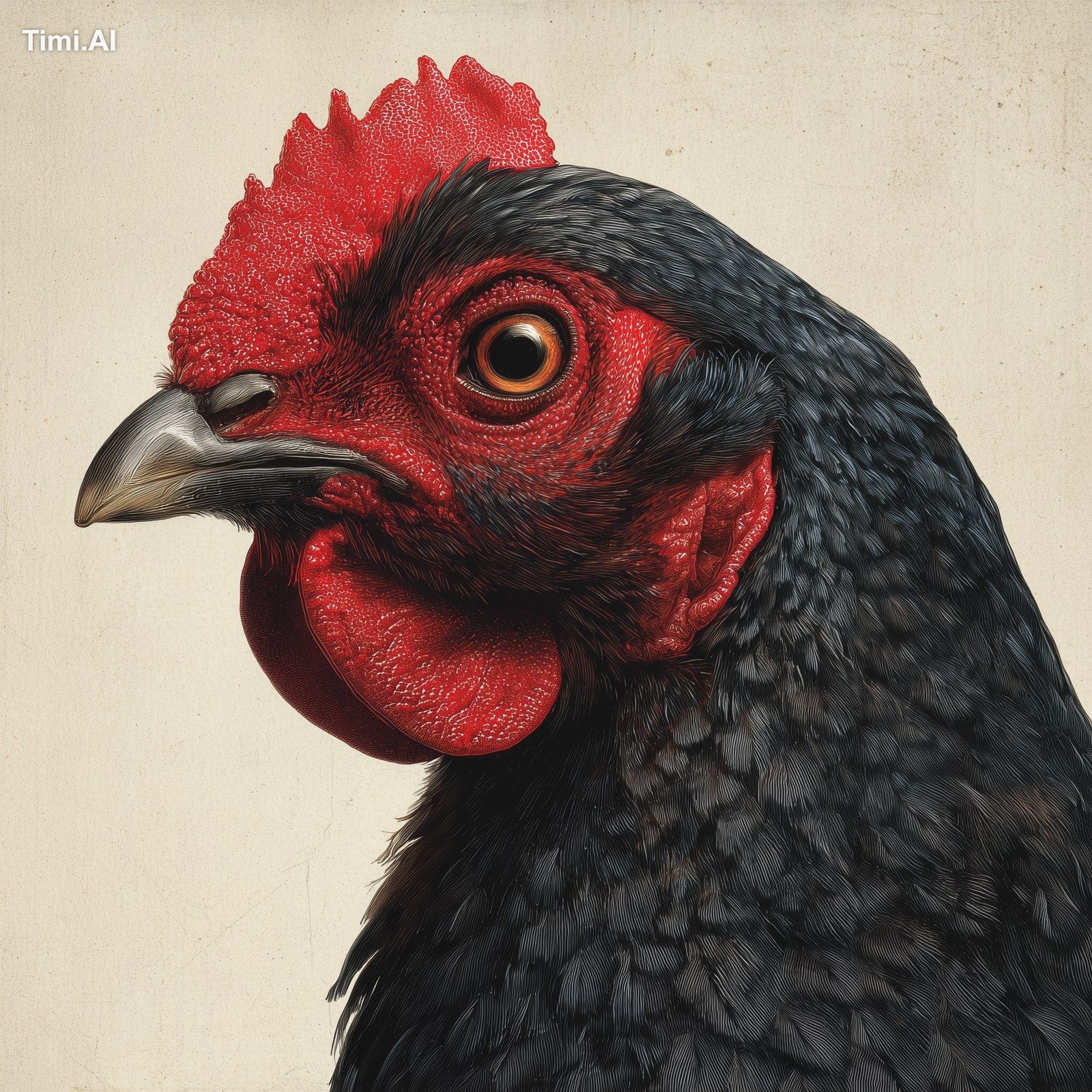 a black chicken with red feathers on its head, looking sideways at an a…