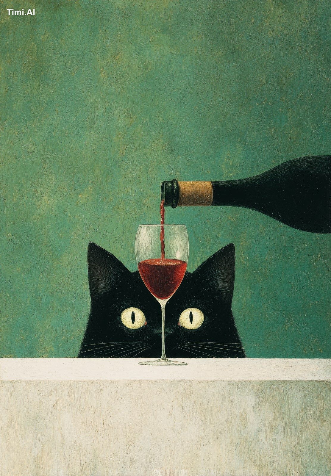 a black cat is pouring red wine into a glass, with a green background a…