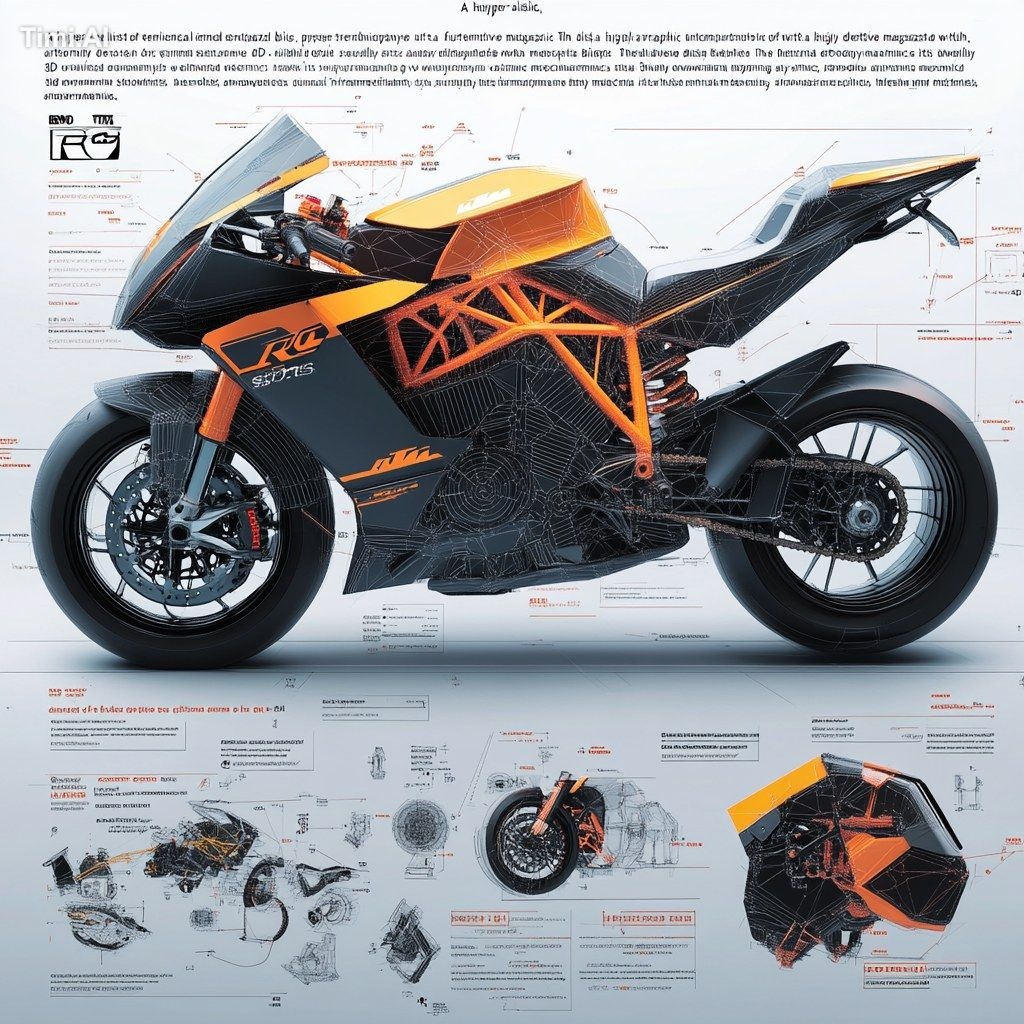 "A hyper-realistic, Blender-rendered technical infographic of a KTM RC …