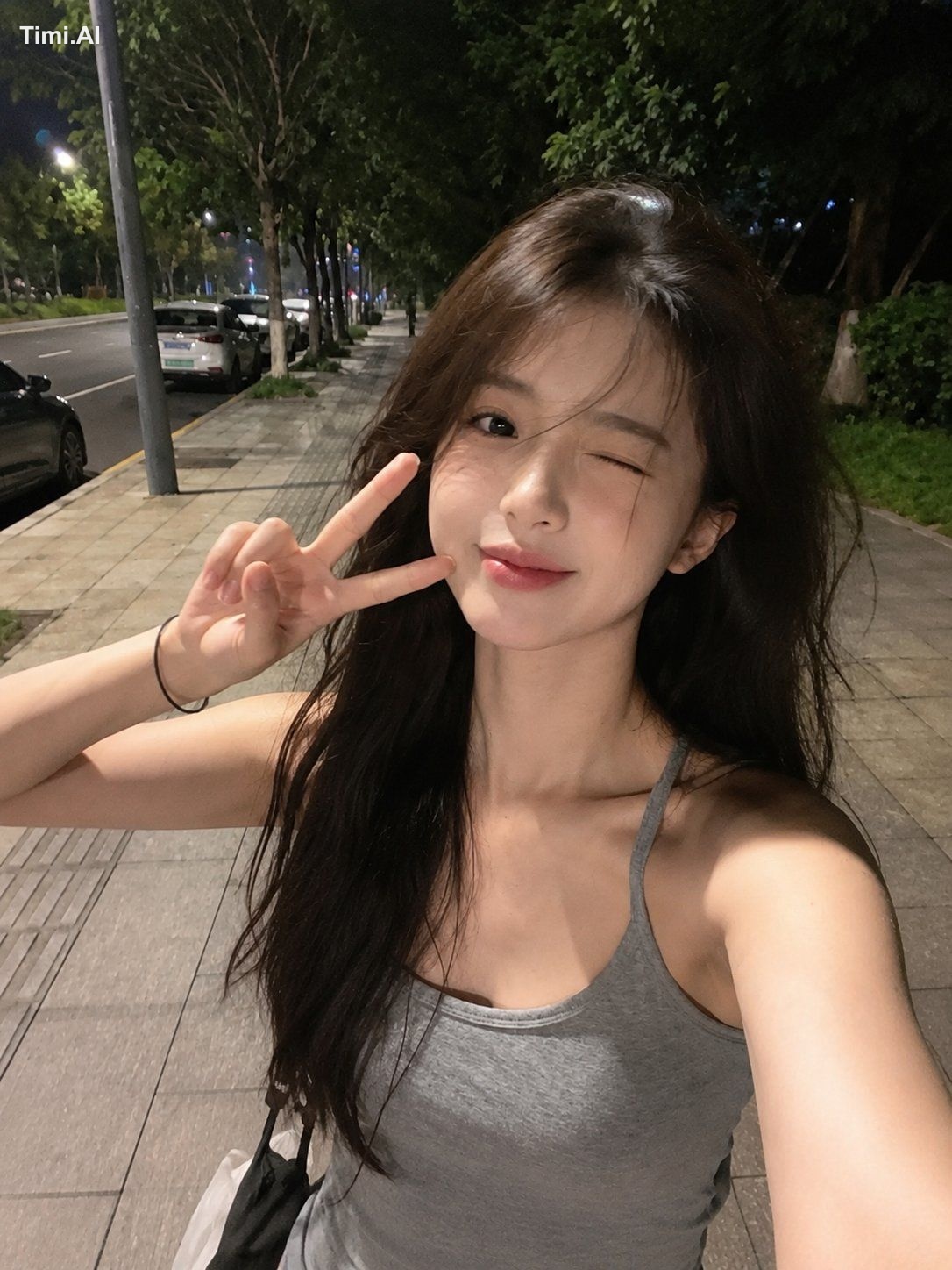 Ultra-realistic smartphone selfie taken with a mobile phone at night, l…