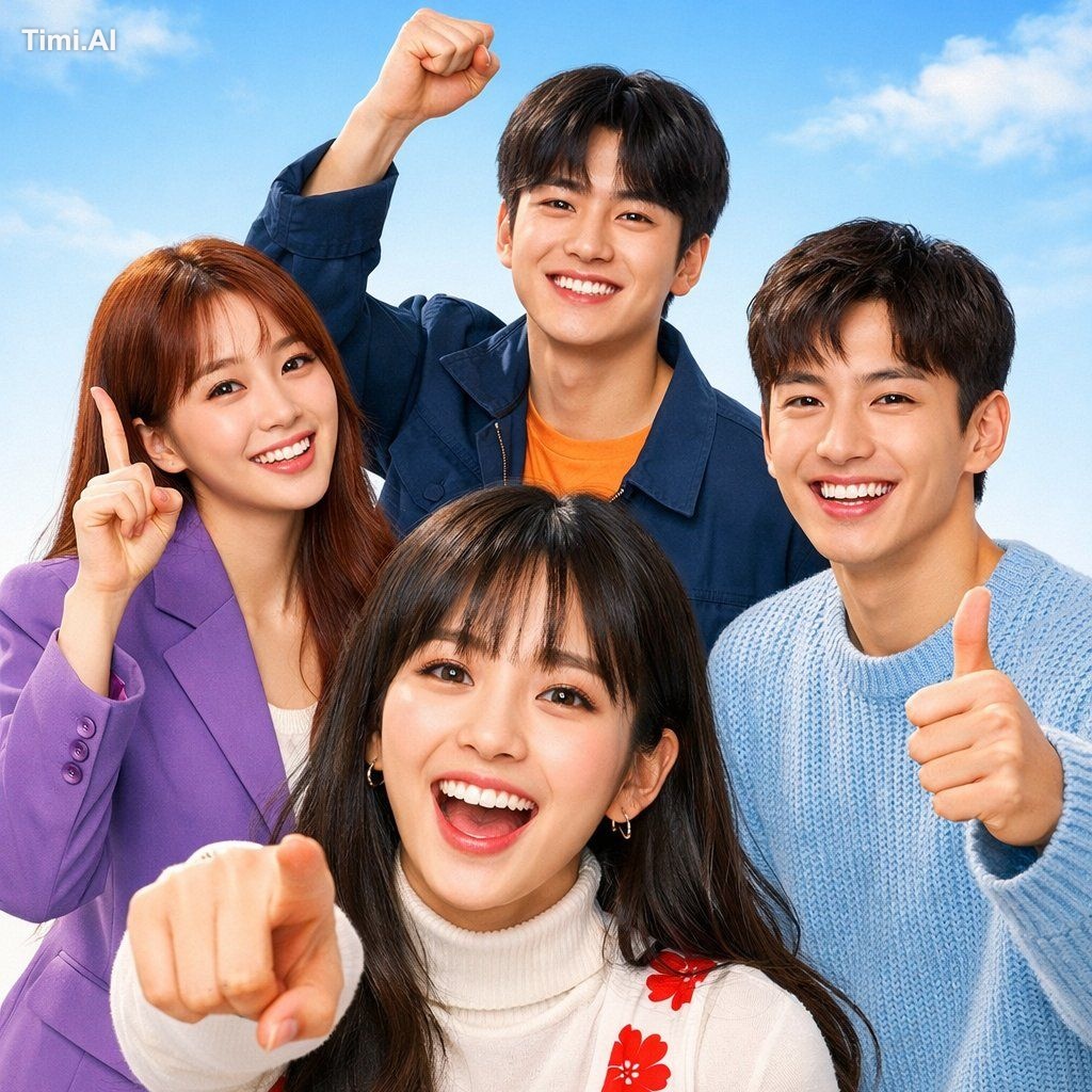 A vibrant, colorful K-drama promotional poster featuring four young Kor…