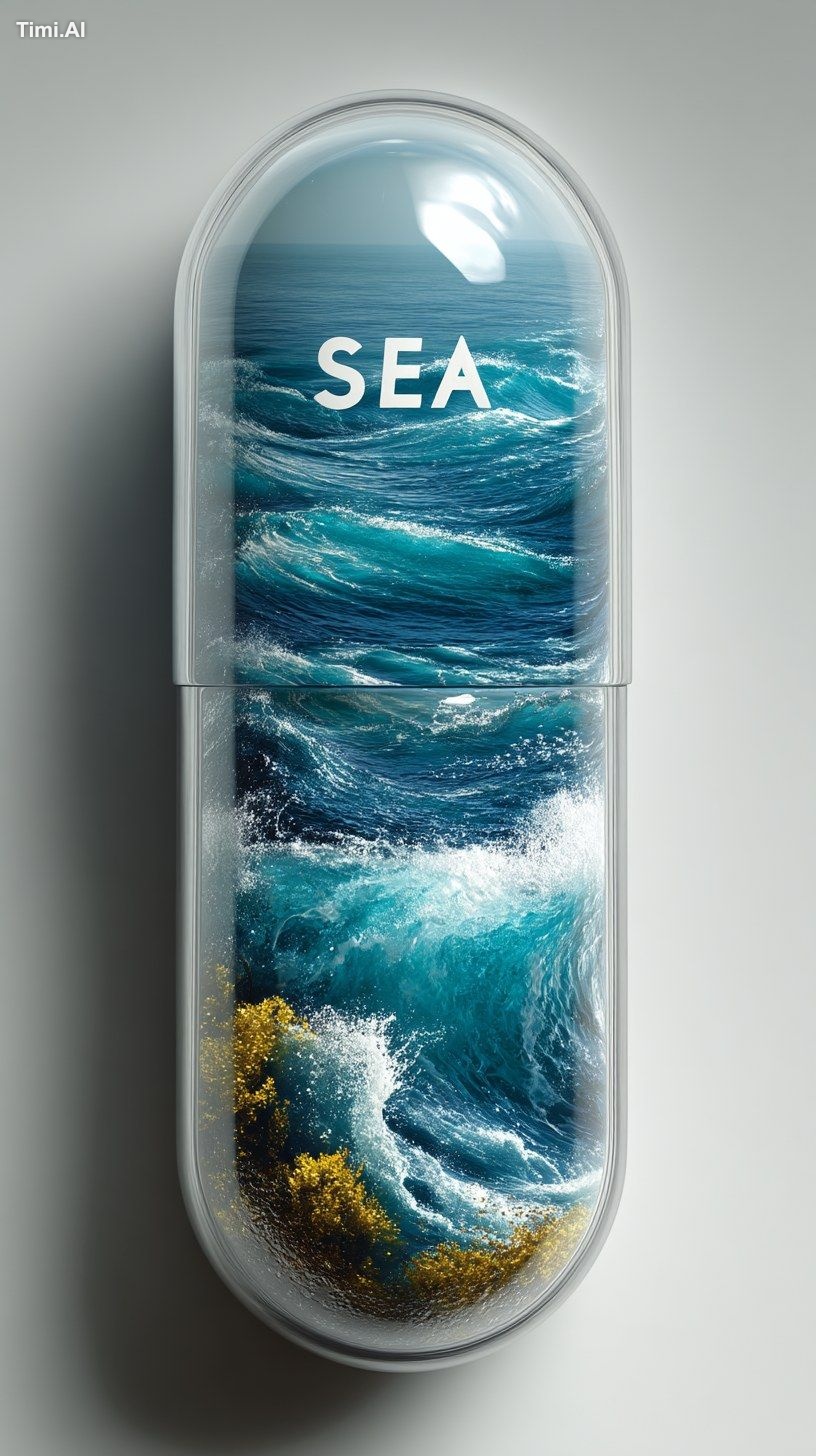 Vitamin C capsule design with ocean waves and text "SEA" inside, produc…