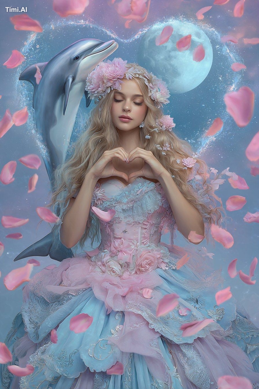 A fantasy princess in a dreamy pastel pink and baby blue gown, with lon…