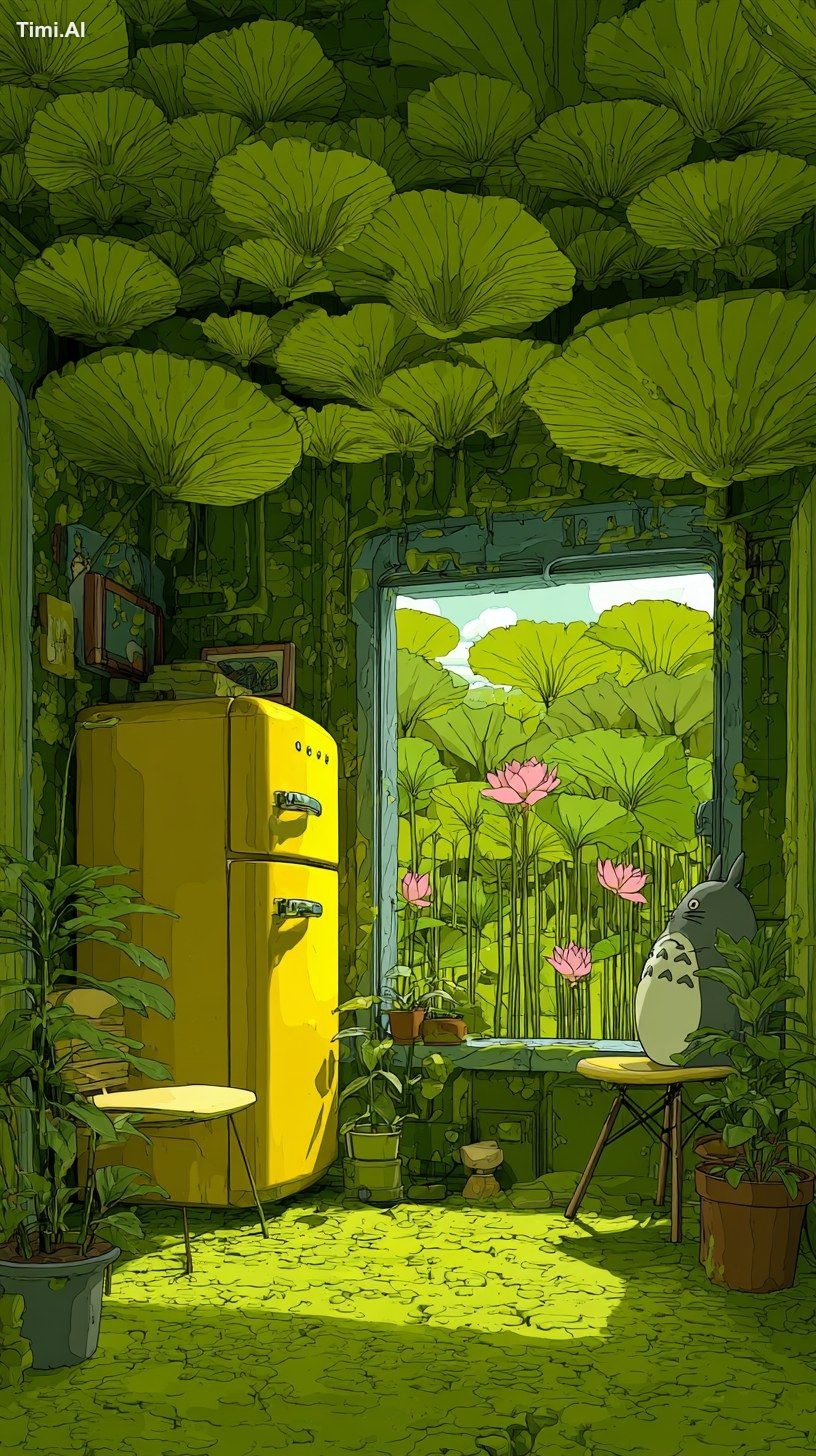 Foreground composition. Inside a tree house, the walls are covered with…