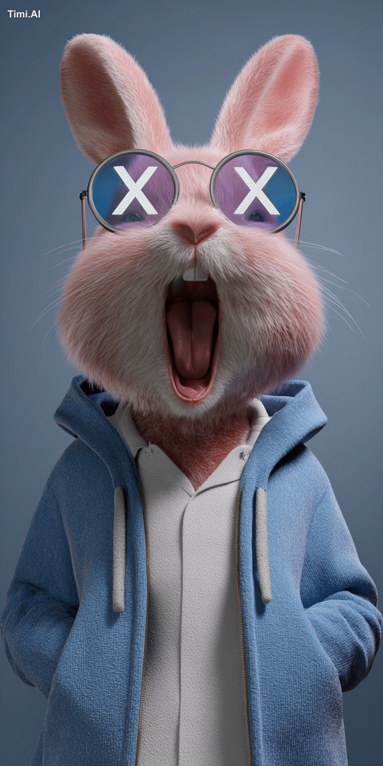 Pink bunny, furry, slightly open mouth, smile, wearing blue hoodie, sun…