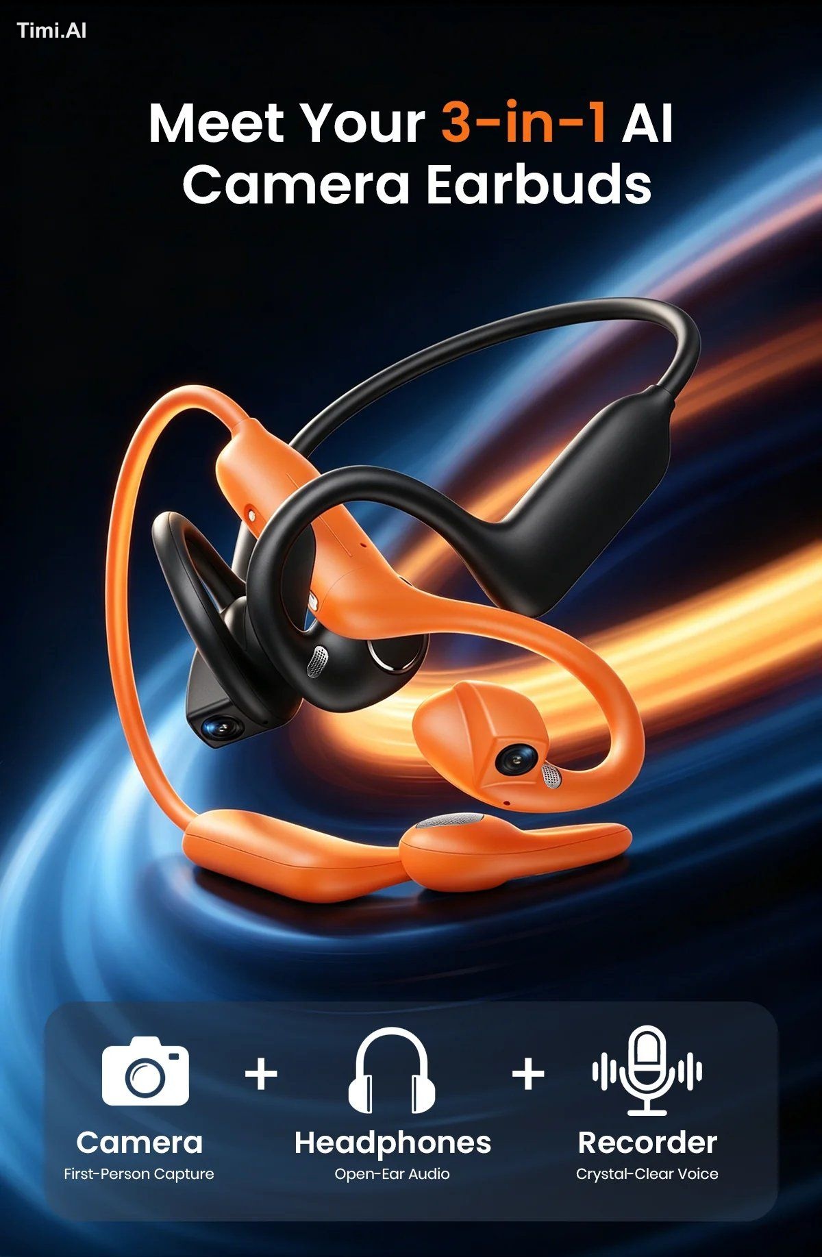 A pair of earbuds with a camera inside. 8MP Sony camera with EIS, 1080p… 3