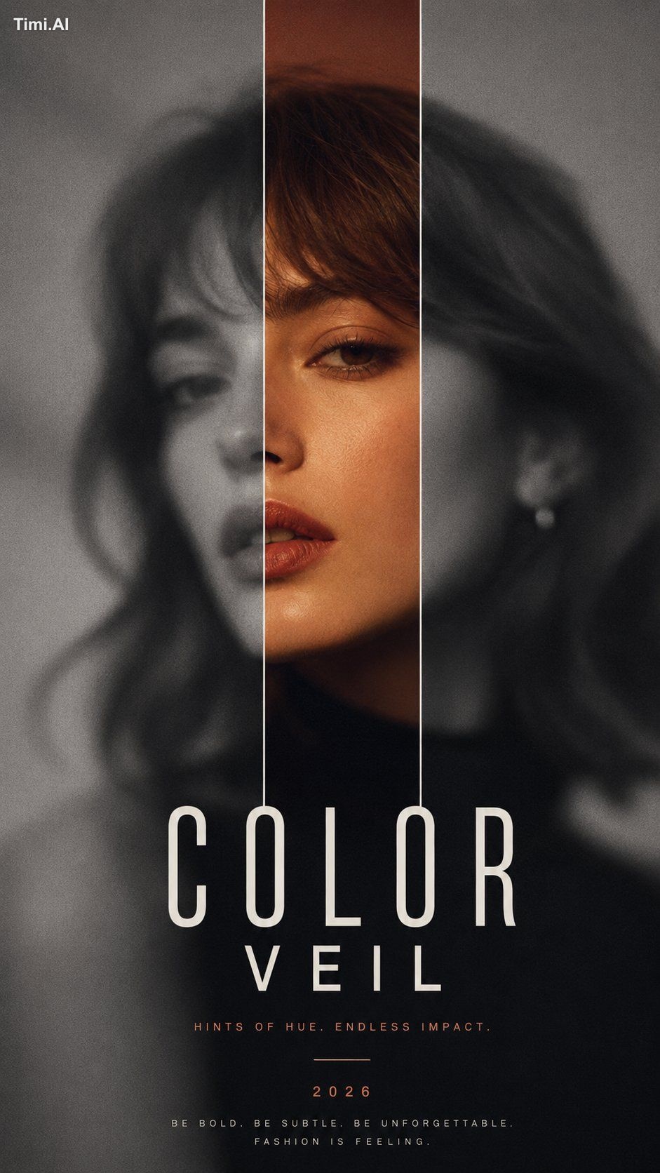 Create a 9:16 high-end color reveal editorial poster with a blurred fas…