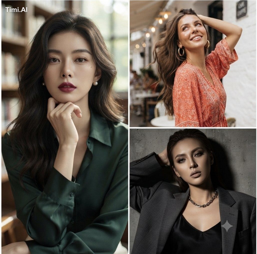 A high-quality, professional fashion collage featuring three distinct p…