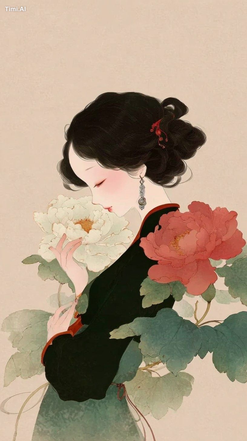 the front view.a beautiful chinese girl holding one peony flower, weari…