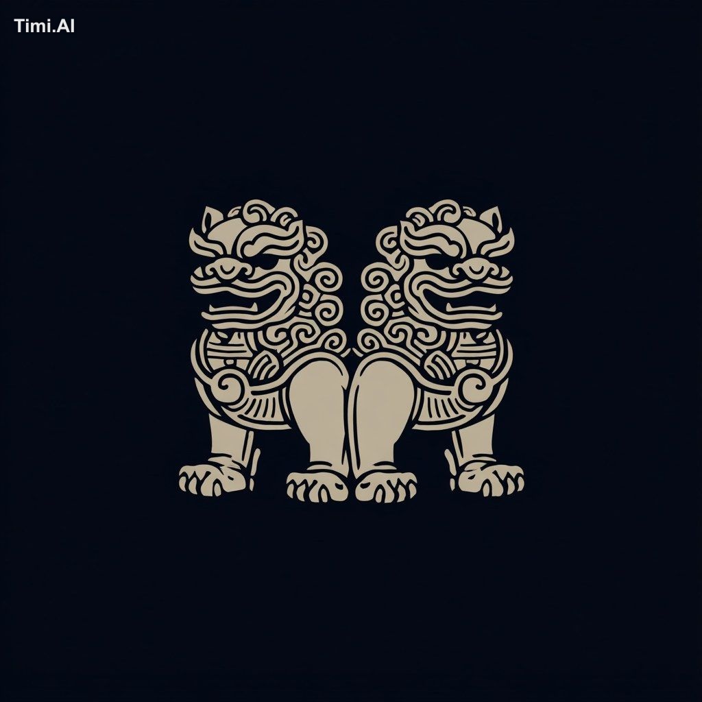 a very minimalistic logo of Chinese guardian lions, line art style --v 7
