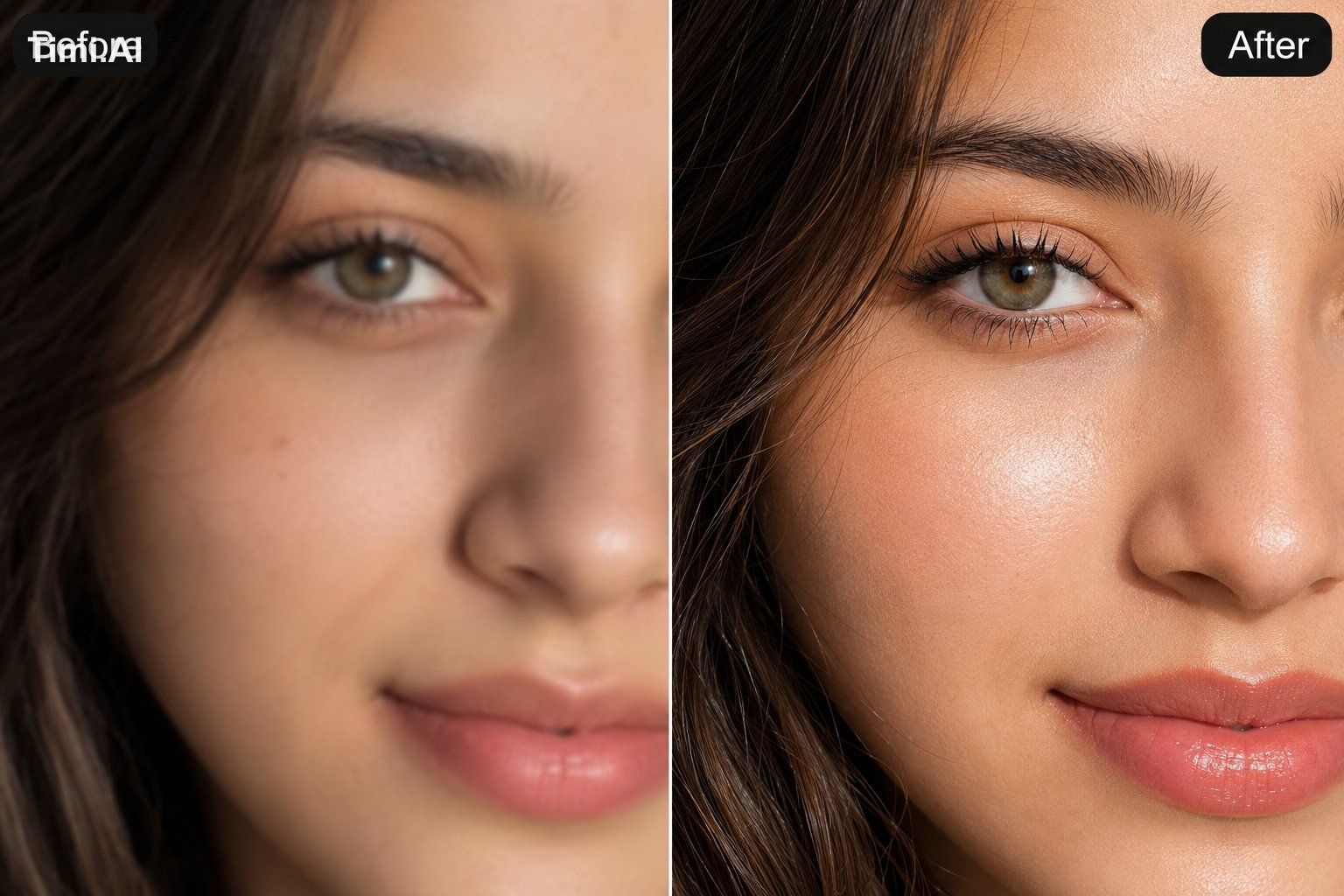 Extreme close-up split-screen comparison image of a young woman's face,…