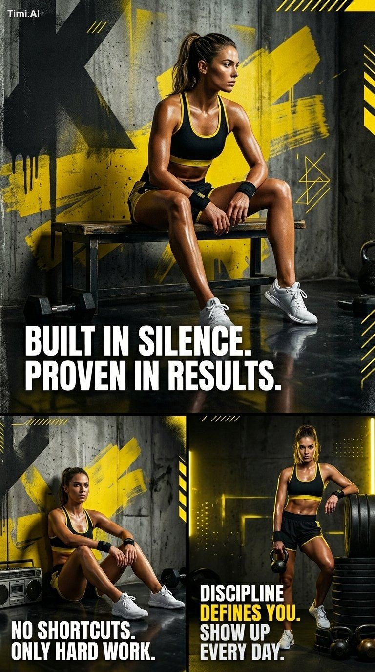 Create a high-end cinematic 3-panel (triptych) fitness editorial poster…