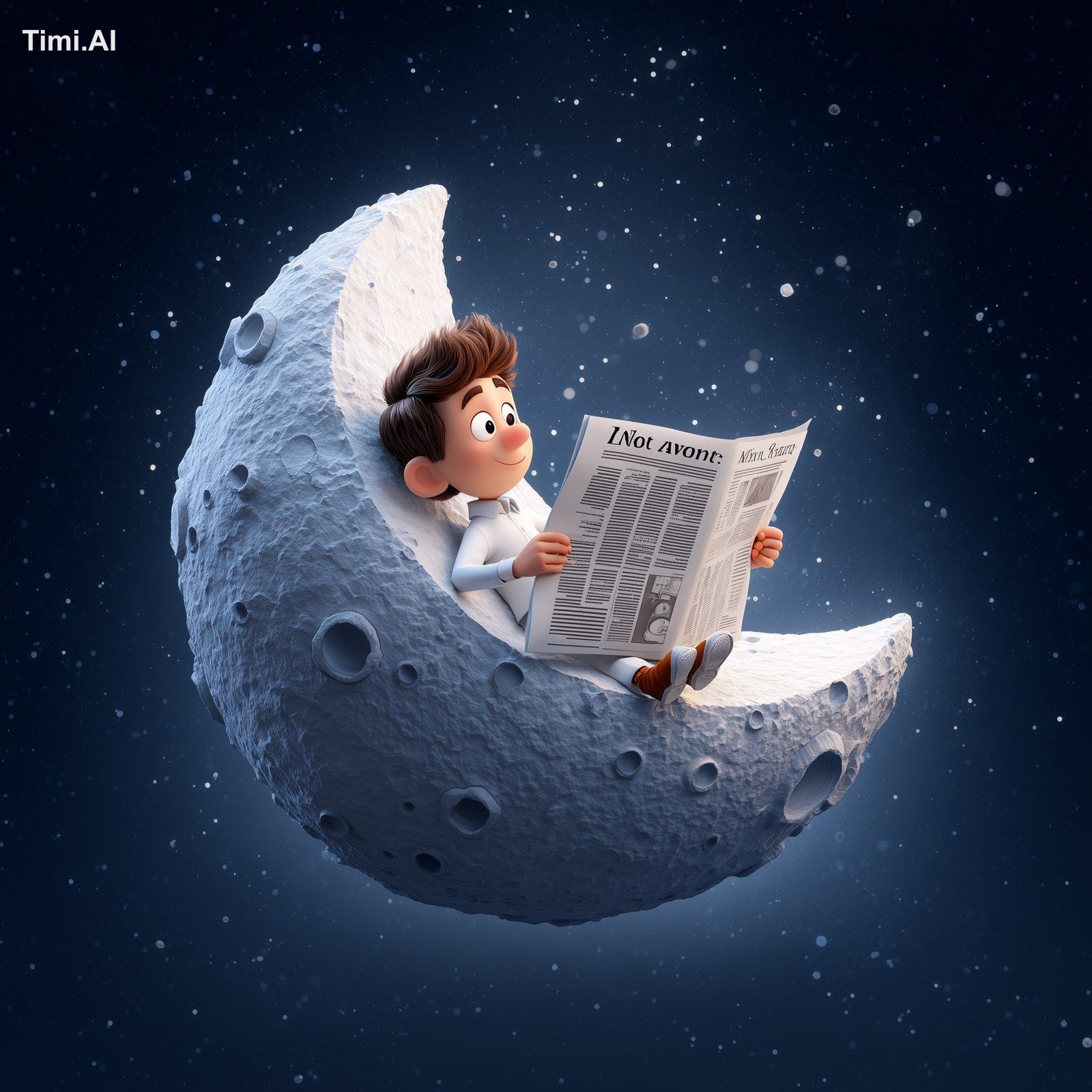 A cartoon character is sitting on the moon, holding a newspaper and rea…