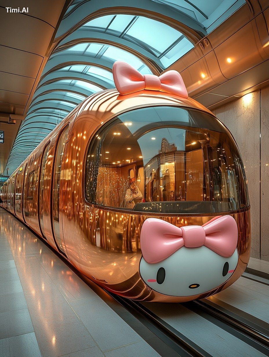 A Hello Kitty-themed subway train is parked at a modern subway station …