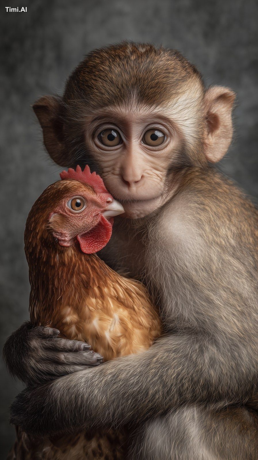 a photo of a monkey holding a chicken in its arms, with both animals st…