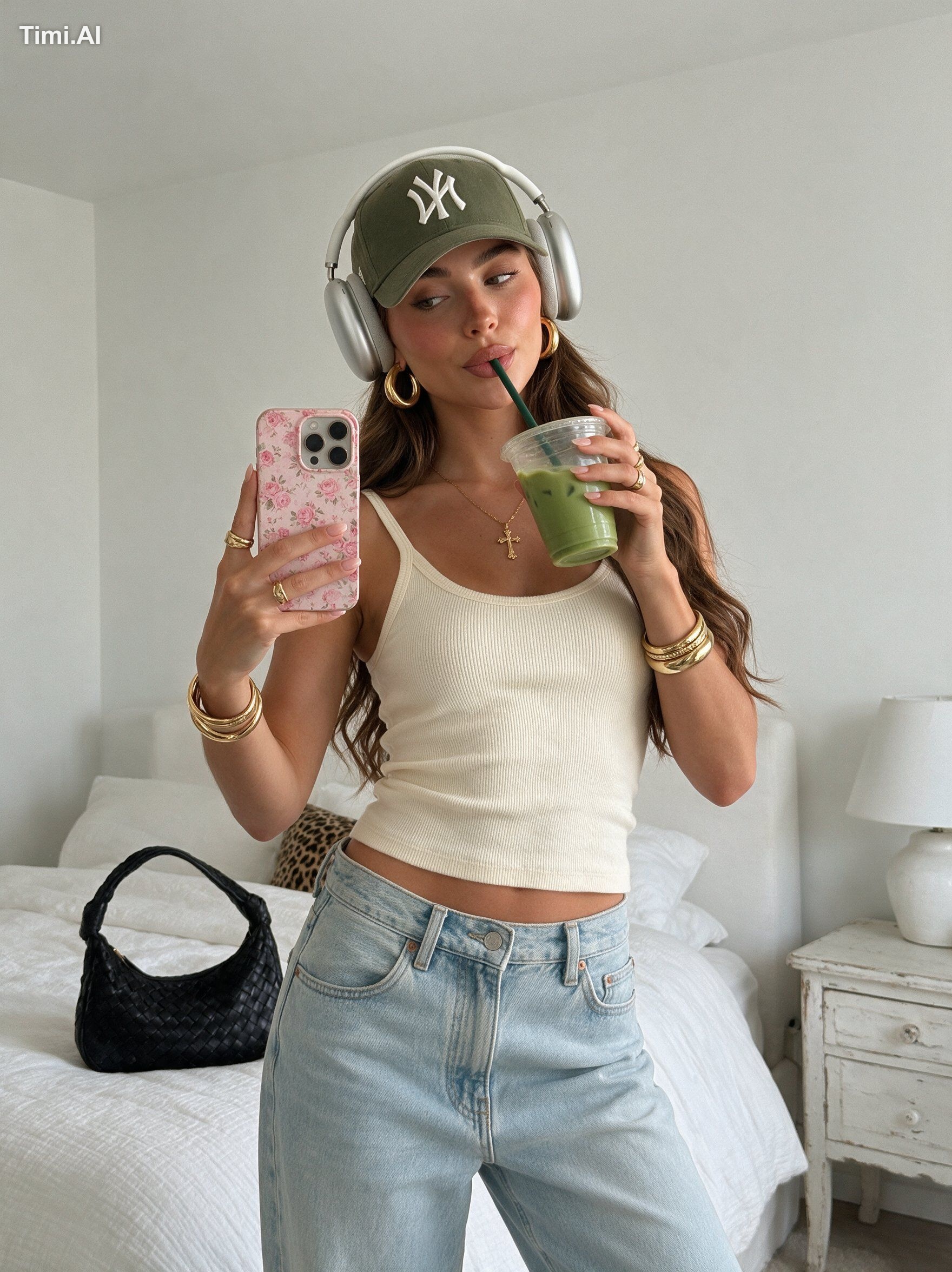 Subject & Pose: Young woman taking a mirror selfie in a bedroom, standi…