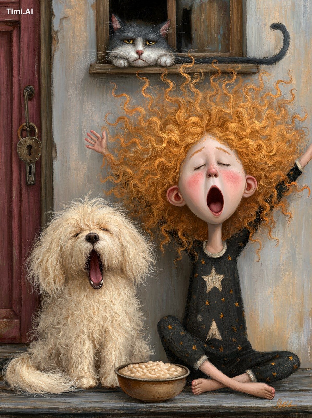 A rosy-cheeked toddler with wild copper ringlets and a matching fluffy …