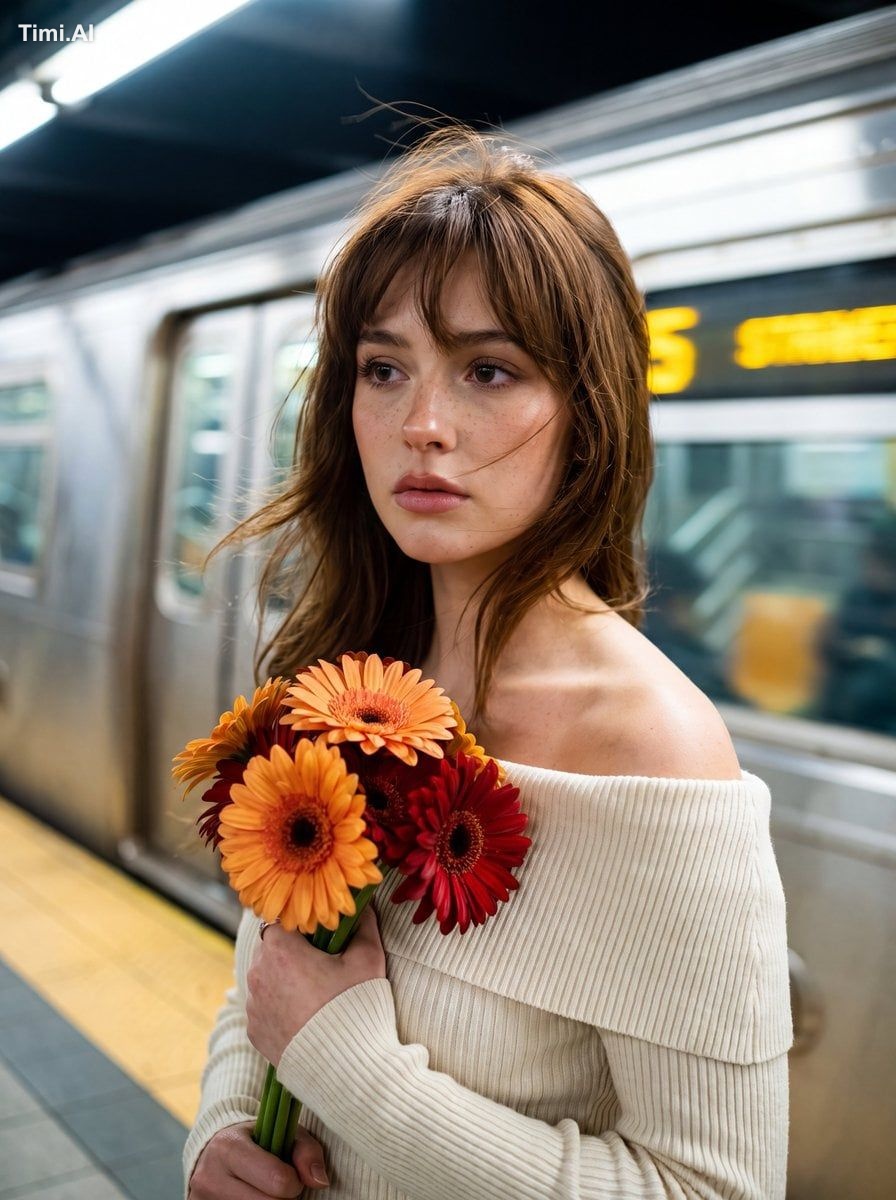 A cinematic, high-fidelity portrait of a young woman standing perfectly…