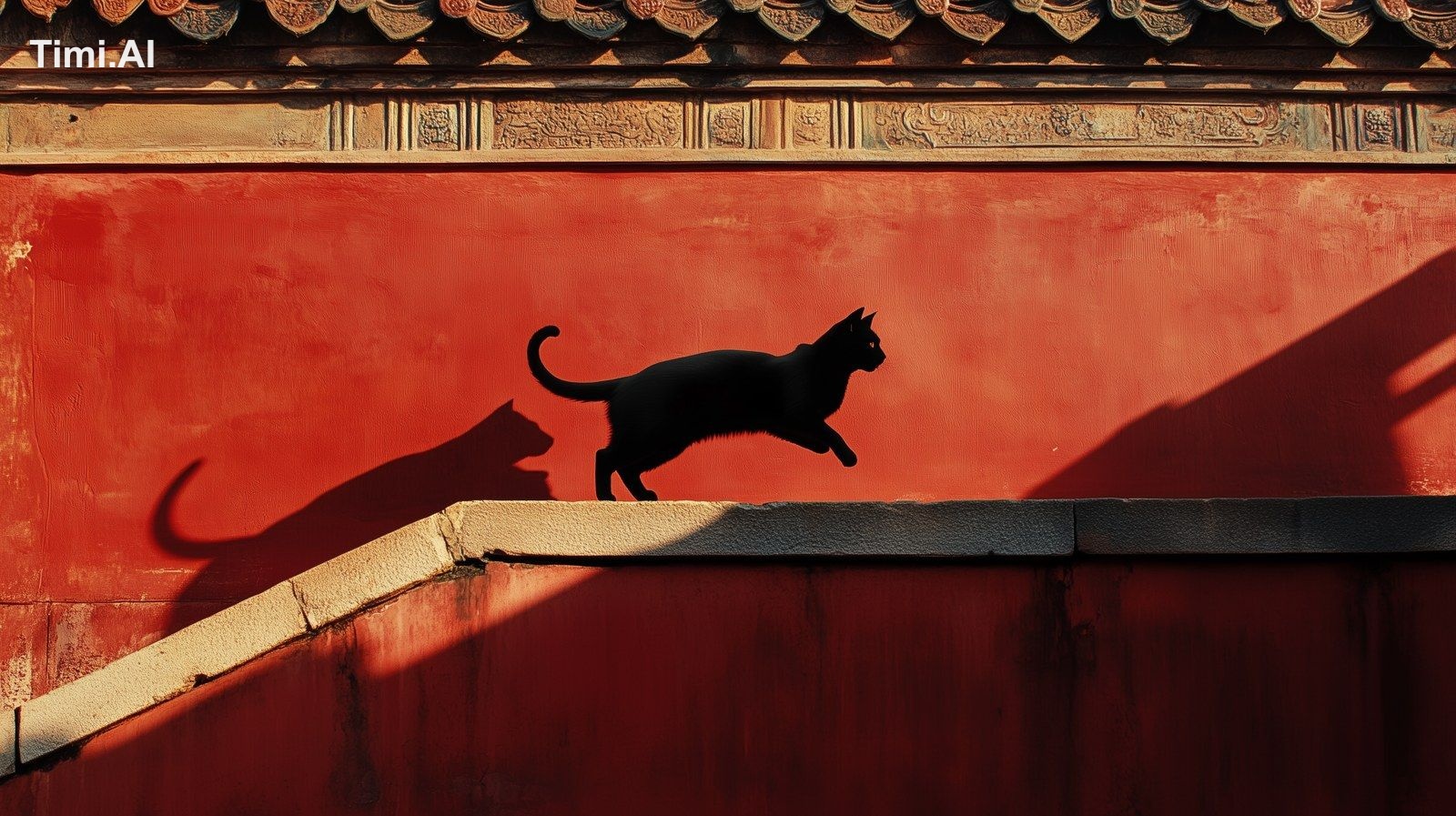 A cat silhouette leaping down from the top of a traditional red palace …