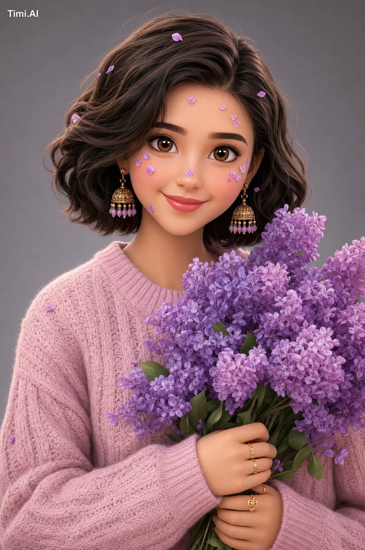 3D Pixar-style character, young woman, short wavy bob haircut, big brow…