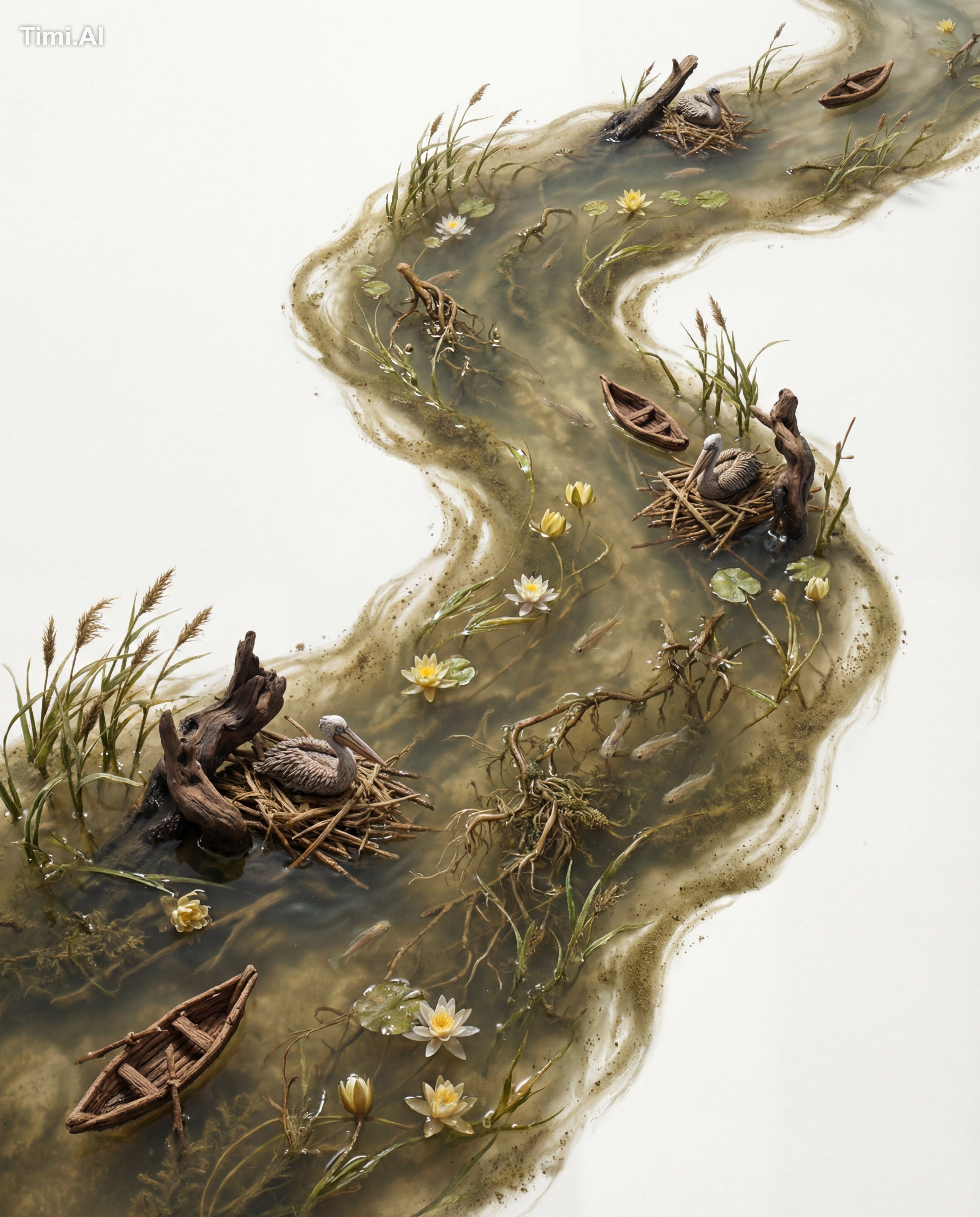 A slow-moving current of silty water, reeds, and water lilies, captured…