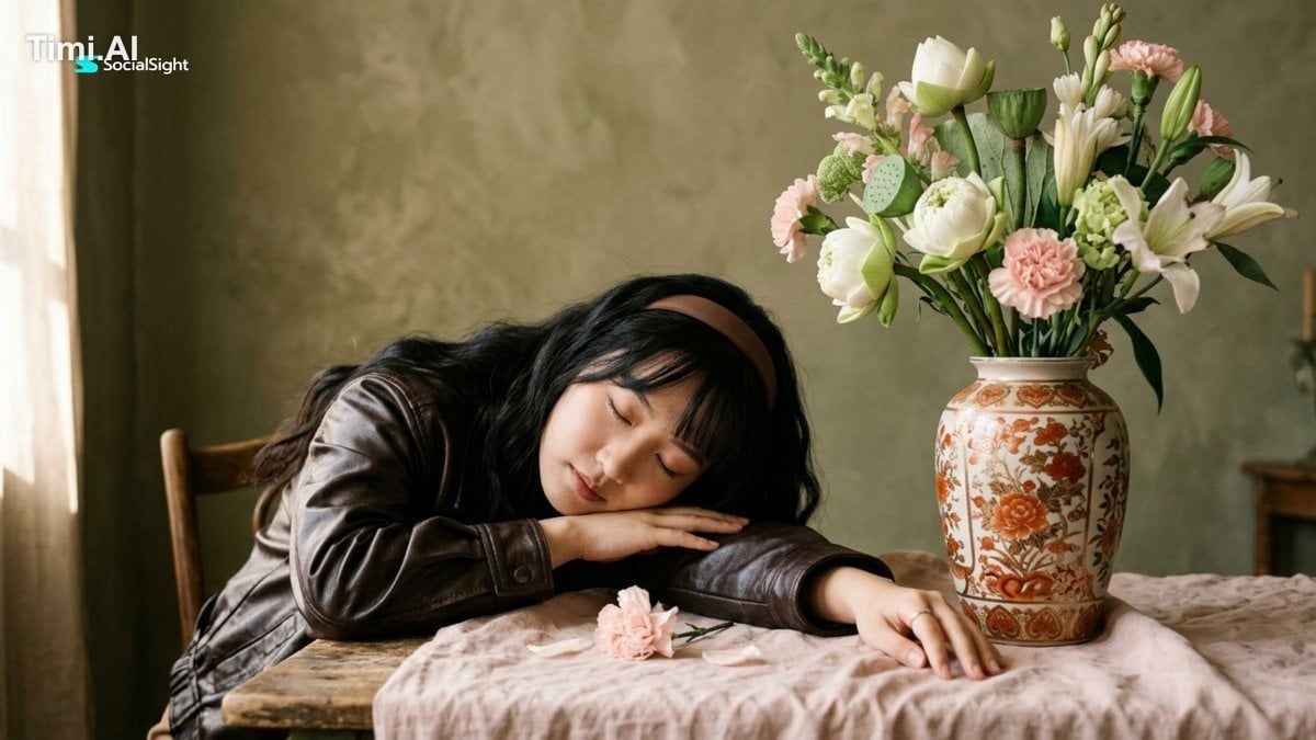 A cinematic fine art studio portrait of a young East Asian woman restin…