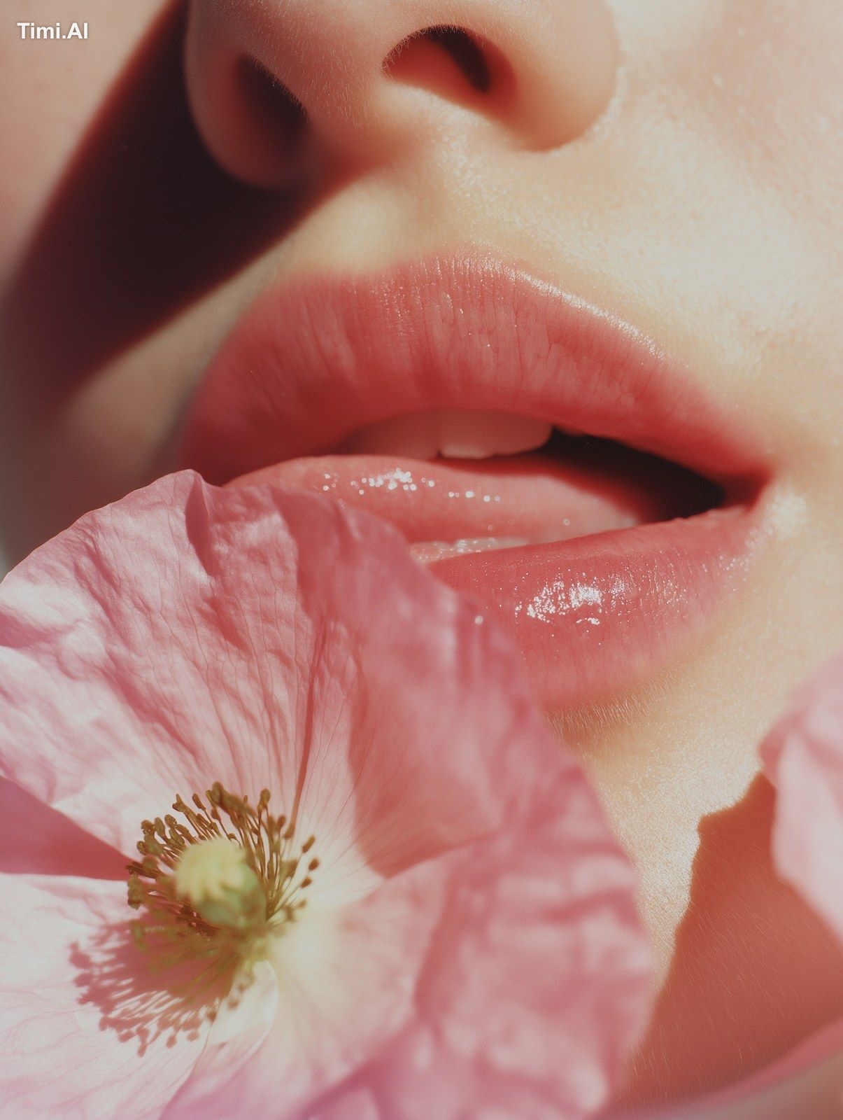 A close-up of a woman's tongue and lips, licking the petals of a rose. …