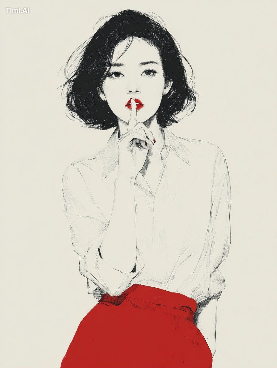 A woman wearing a white shirt and red skirt, holding her finger to her …