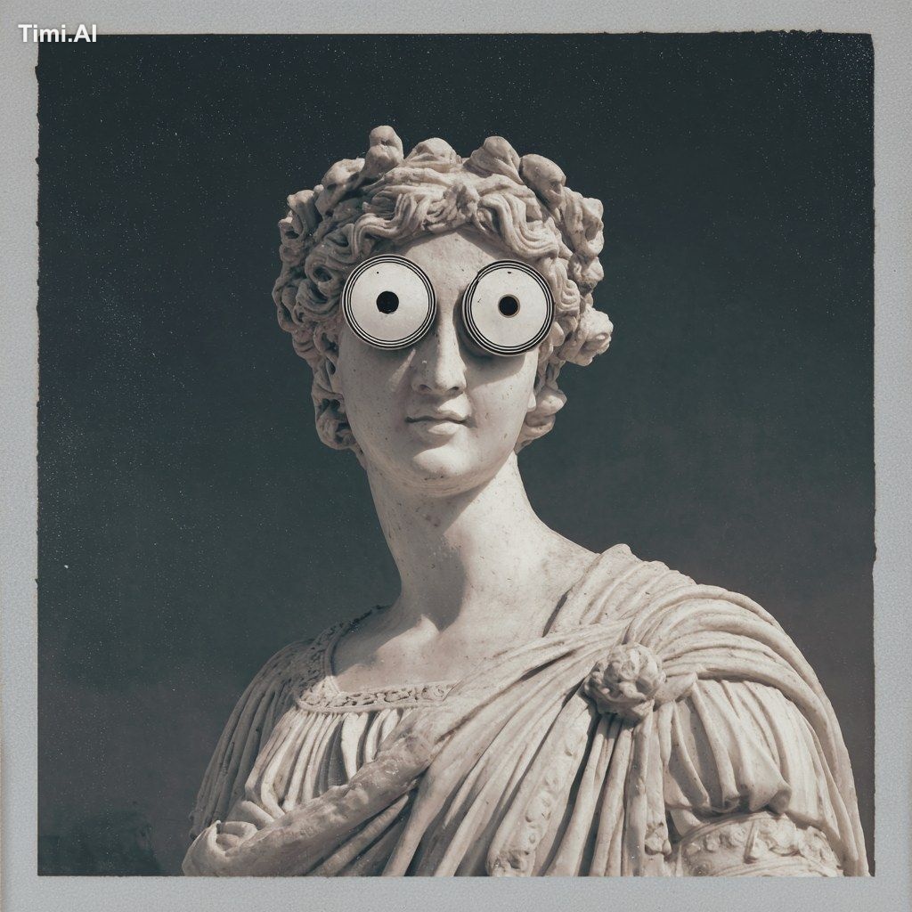 a polaroid style photo of the Venus de milo wearing a novelty pair of g…