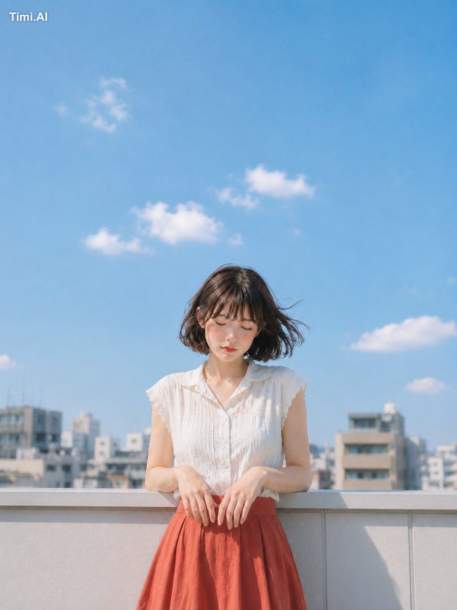 手すりに置いた指先まで、夏の光が静かに降りてくる。 雲の少ない空ほど、息がしやすい日。☁️🌿📷 #AIart #AI写真 #屋上ポートレー…
