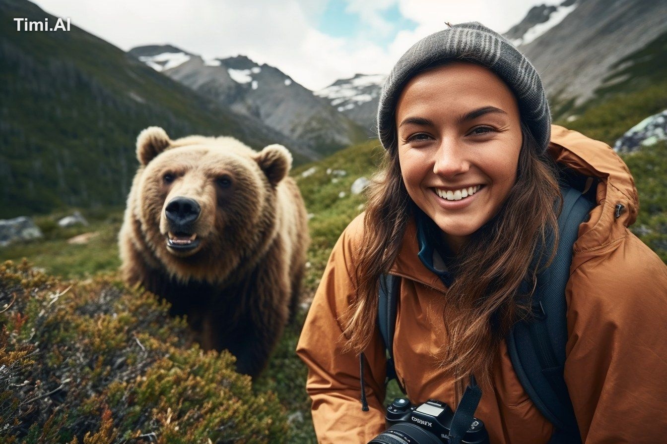 female mountain hiker takes photo with a smiling grizzly bear. Hispanic…