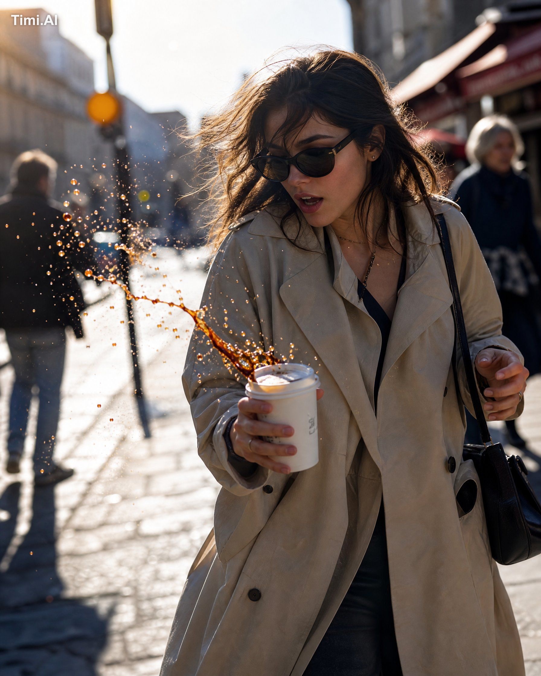 A tiny accidental splash from her takeaway coffee as she walks, freezin…