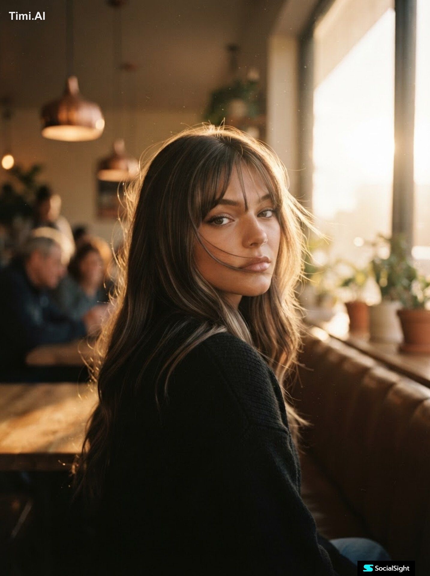 A cinematic portrait of a young woman sitting in a cozy café at golden … 1