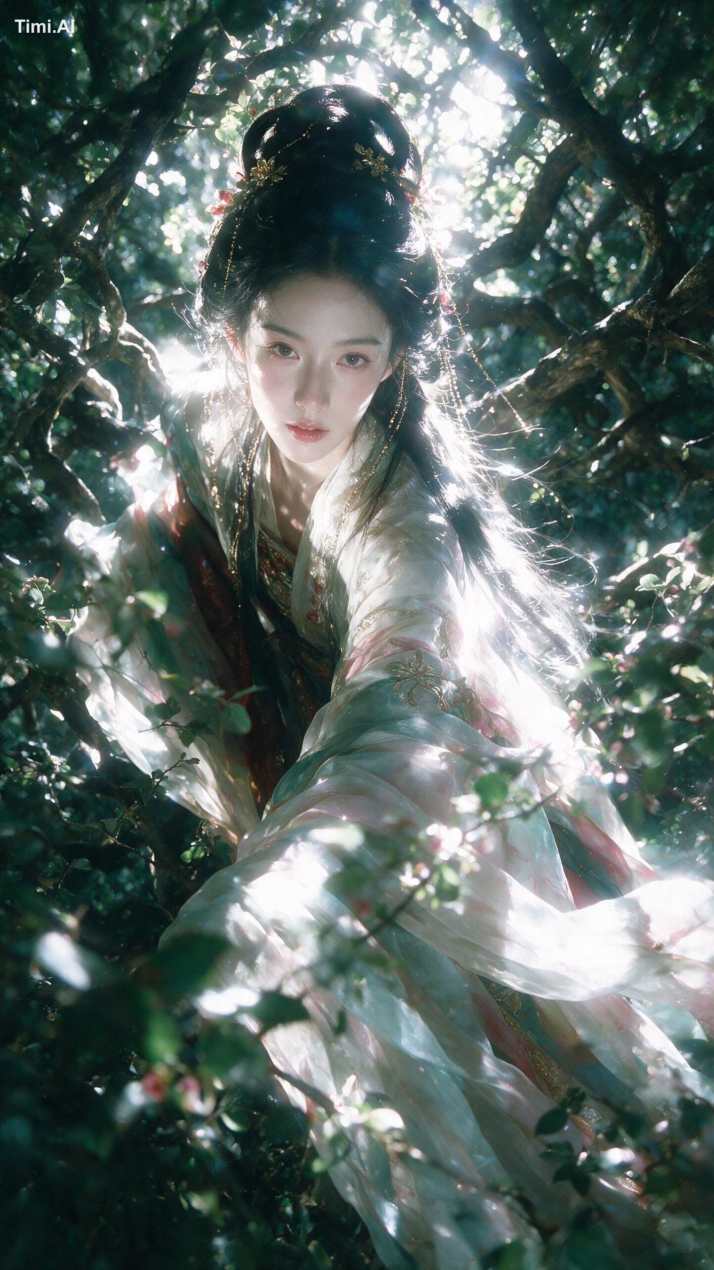 创作一张竖幅 9:16 的古风幻想人像，主题是林间神女。成年东方女性，精致清冷的古典美感，高挽发髻或半挽发，点缀金色发簪、玉石、珠链、少量红粉…