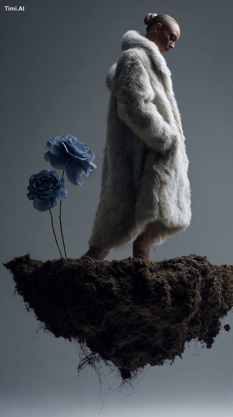 A surrealist fashion portrait of a model wearing an ultra-luxurious, ov…