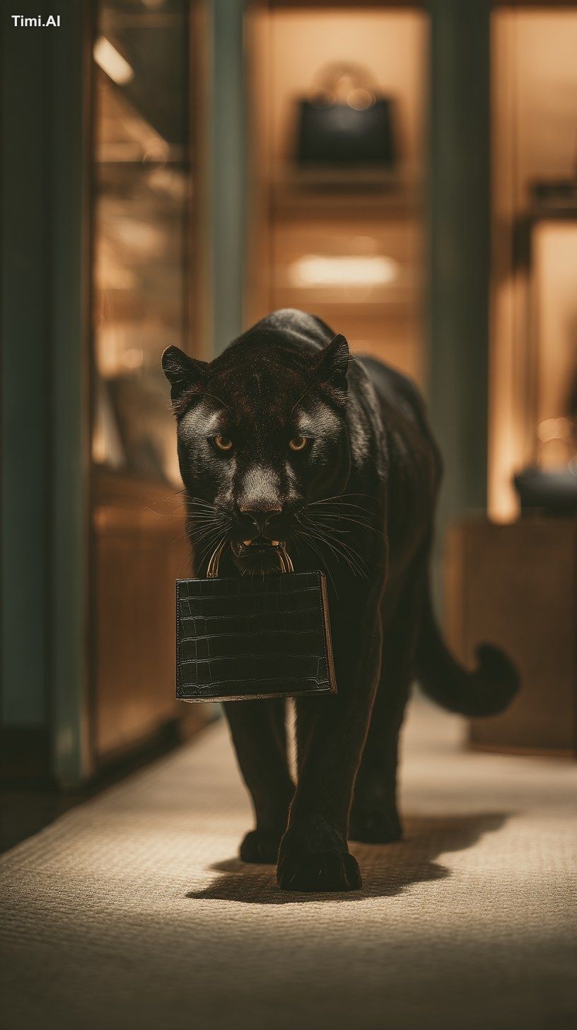 Majestic black panther walking gracefully inside a luxury boutique, hol…