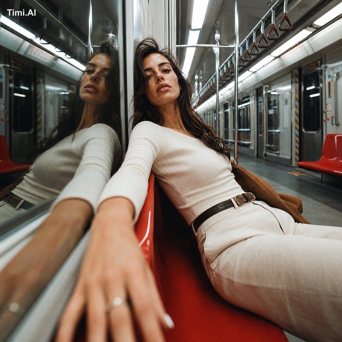 Aspect Ratio 1:1. A high-end Vogue-style fashion photograph inside a fu…