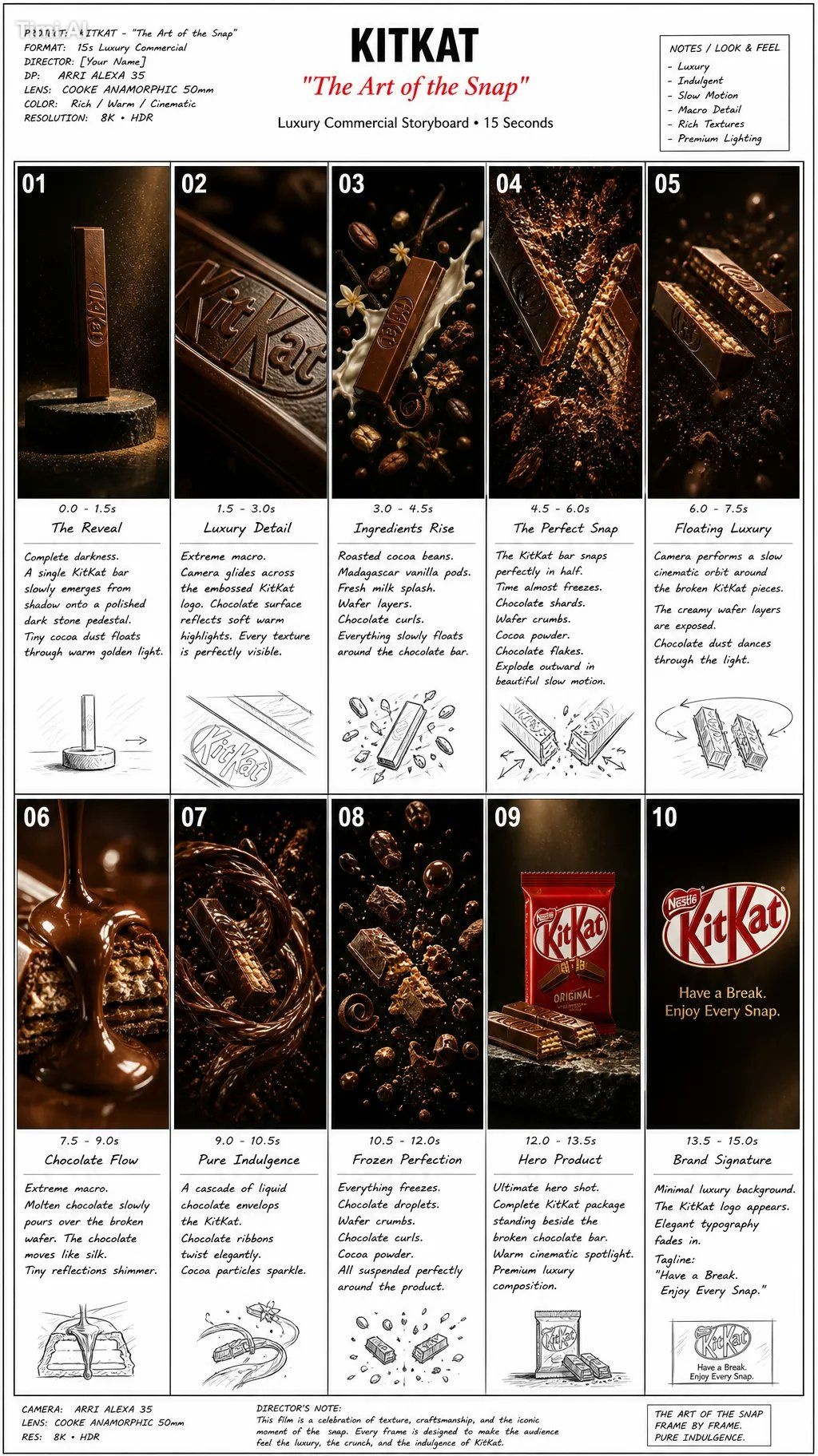 Create one professional commercial storyboard presentation showing 10 c…