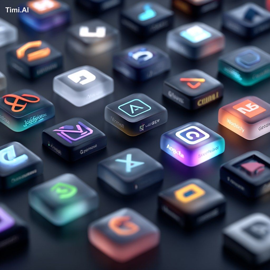 3D render style illustration of popular AI tools logos: ChatGPT, MidJou…