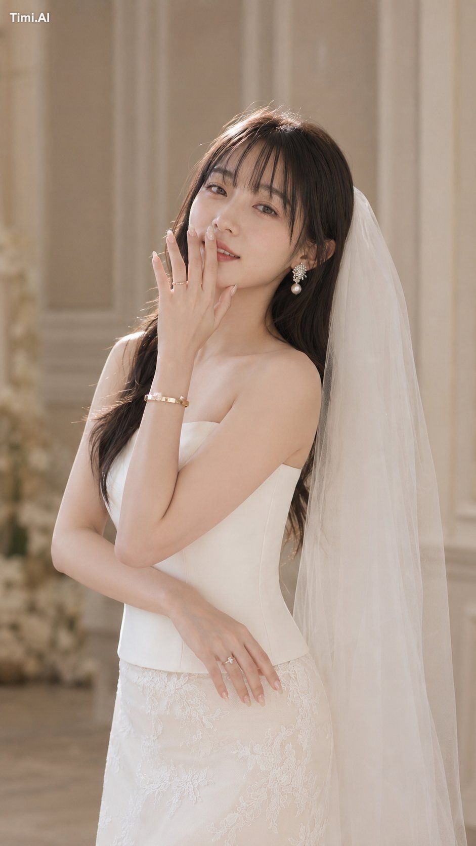 高端超写实婚纱时尚人像，优雅欧式室内，电影感16:9宽屏。新娘靠近中左位置，大腿中部至头顶取景。长款大教堂婚纱头纱宽幅延伸至画面右半侧——与左…