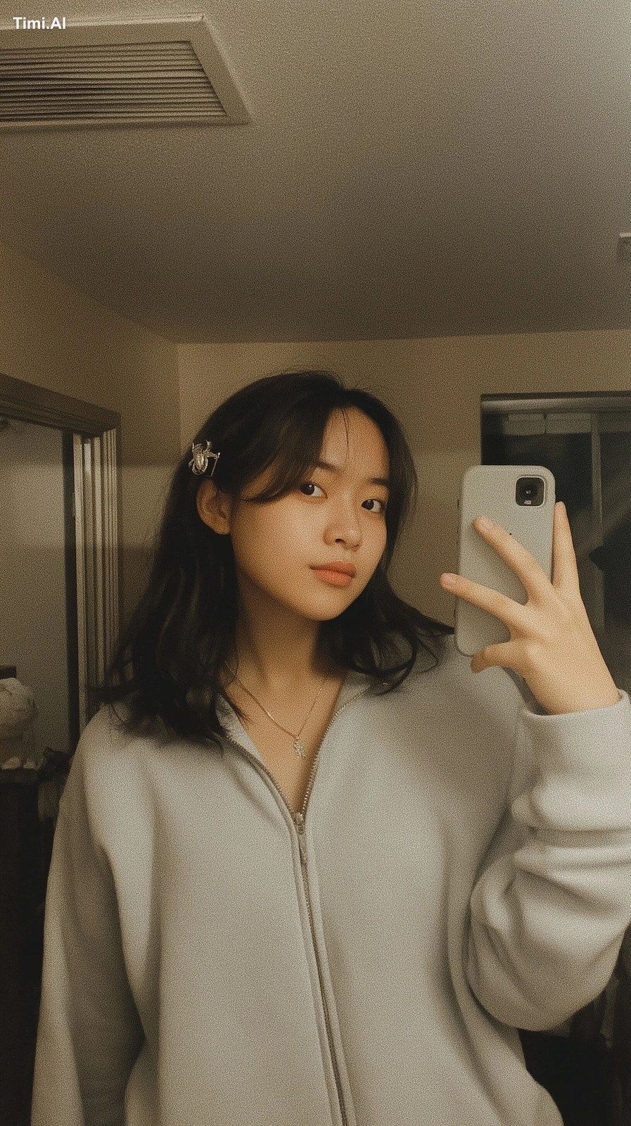 UGC-style selfie, early-20s East Asian woman, facing the camera directl…
