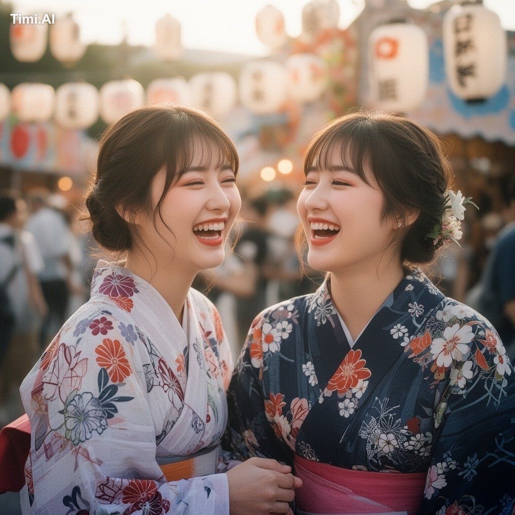 20歳の日本人女性、韓国メイク、韓国アイドルみたいな見た目、浴衣姿で二人組、仲良し二人、夏祭りでの写真、楽しそう、夕方の自然でやさしい光、高ク… 2