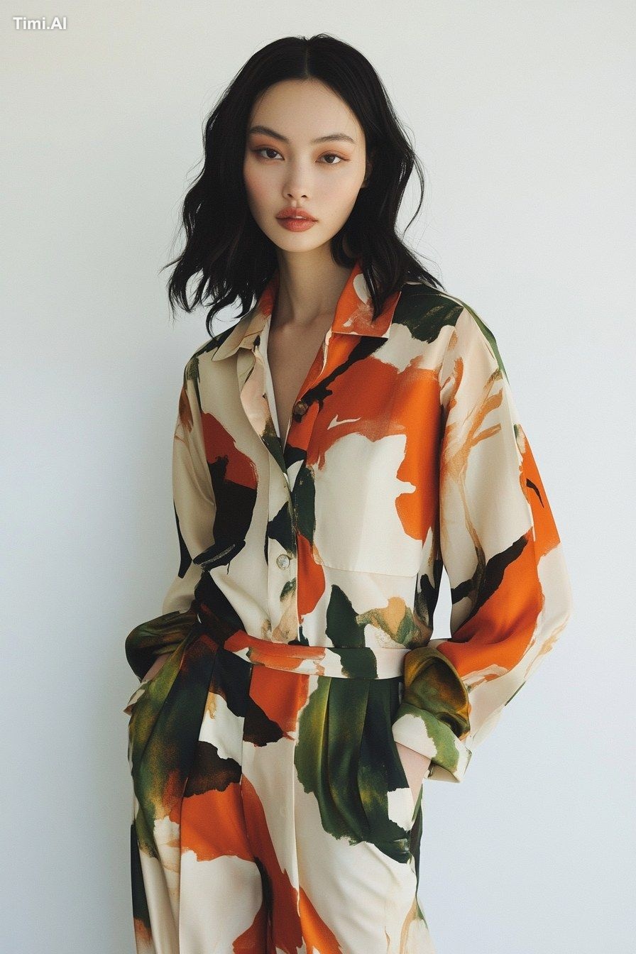 Generate an image of the model wearing Topus satin shirt dress with pri…