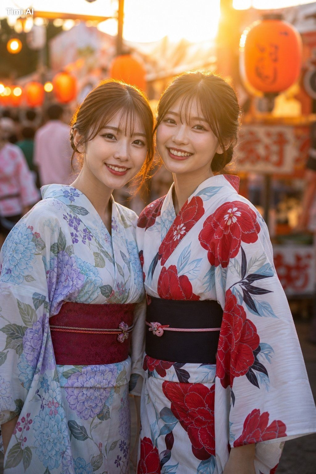 20歳の日本人女性、韓国メイク、韓国アイドルみたいな見た目、浴衣姿で二人組、仲良し二人、夏祭りでの写真、楽しそう、夕方の自然でやさしい光、高ク…