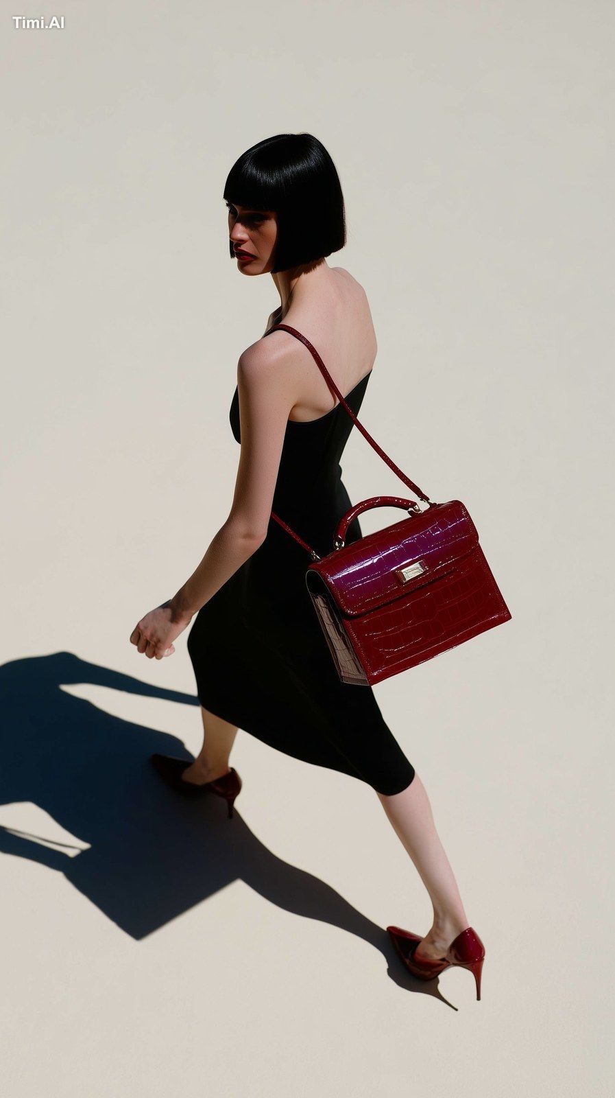 top-down view of a female model walking, shot from directly above (bird…