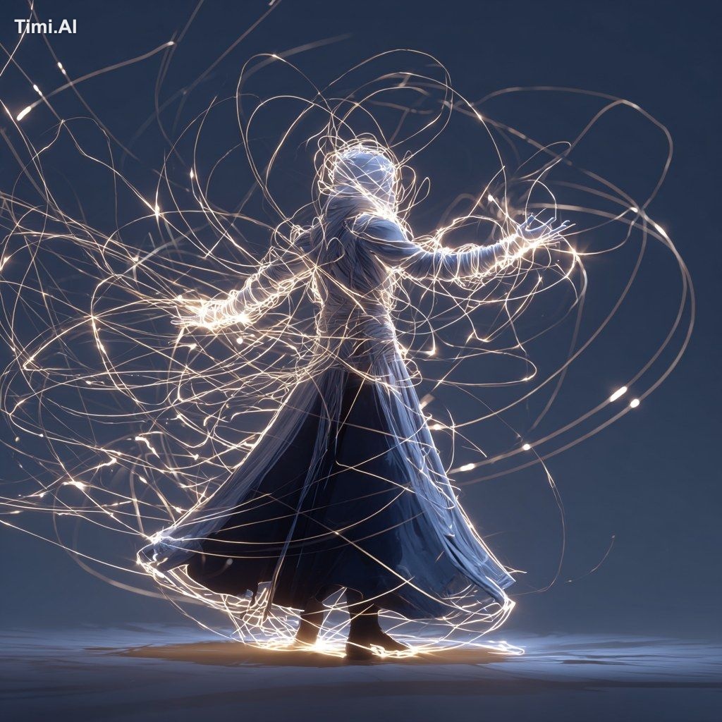 generate a mage who controls threads of light, dark robes with white hi…