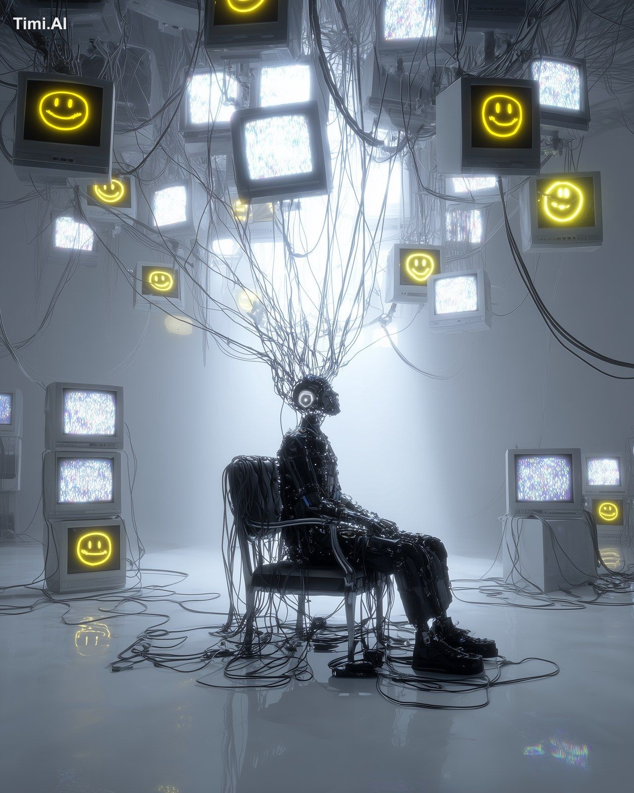 A man sitting in a chair in an empty white room, cables are attached to…